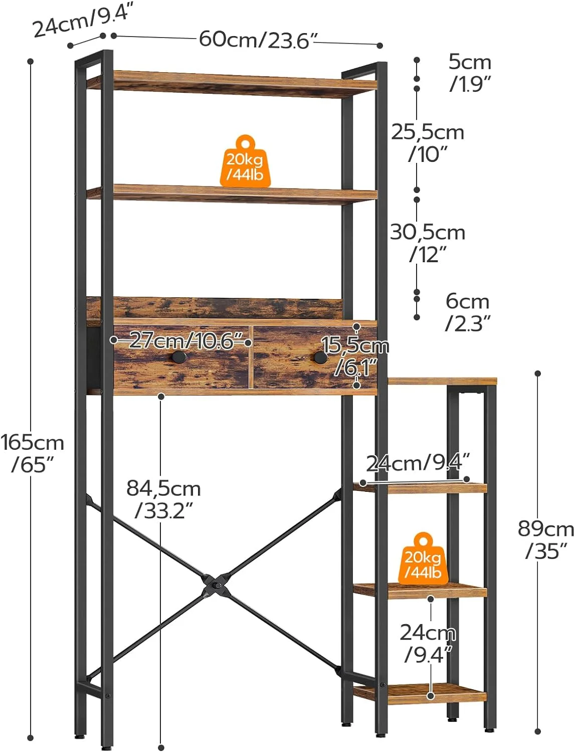 YILAN Over The Toilet Storage with 7 Shelves and 2 Drawers, Freestanding Bathroom Organizer, Industrial Bathroom Space Saver, Mass-Storage Side Storage Open Rack, Rustic Brown and Black BF01TS01