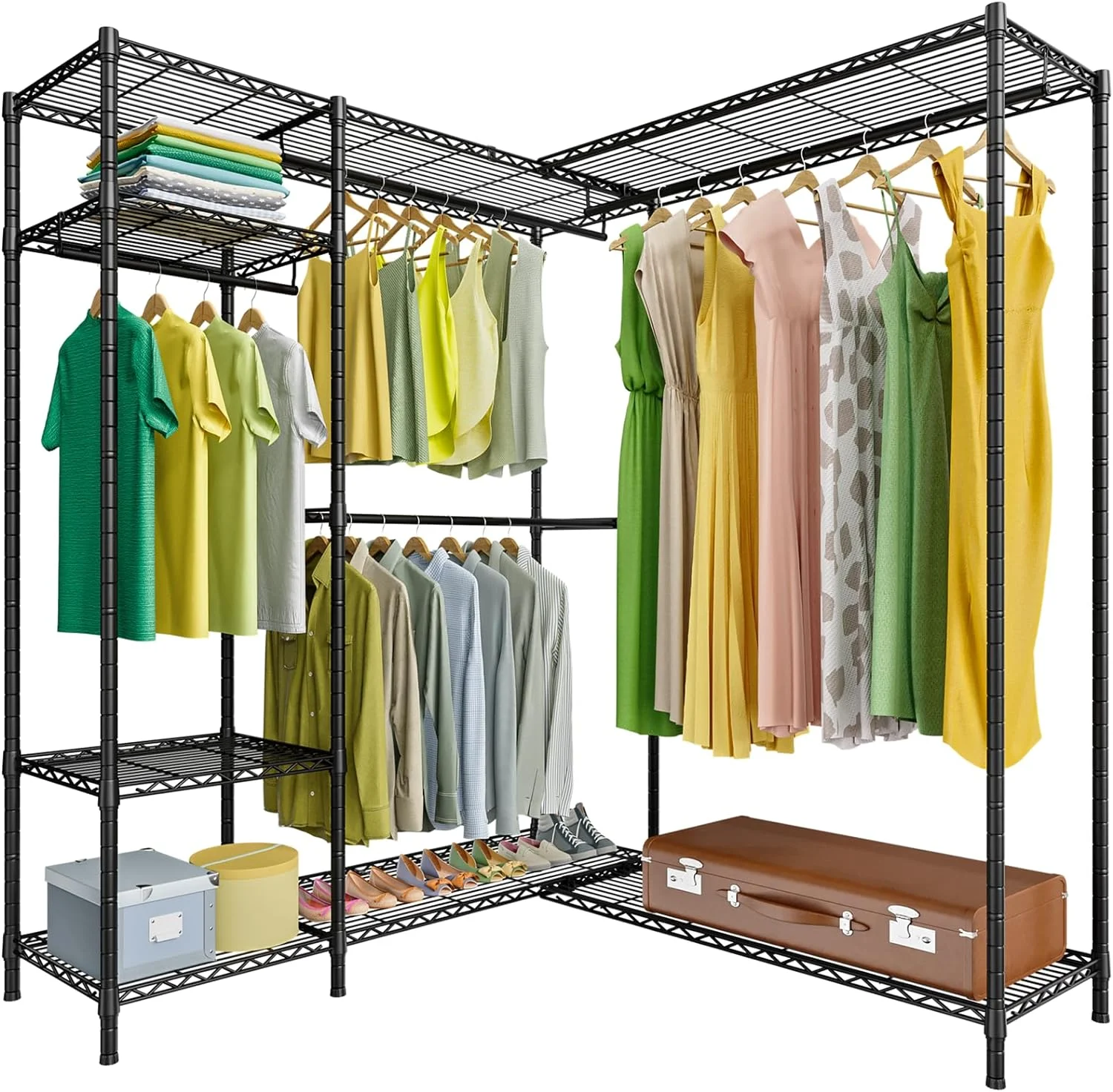 YGDU L2 L-shaped Clothes Rack, Freestanding Heavy-Duty Garment Rack with 6 Wire Shelves and 4 Hanger Rods, Portable Wardrobe Closet - 44