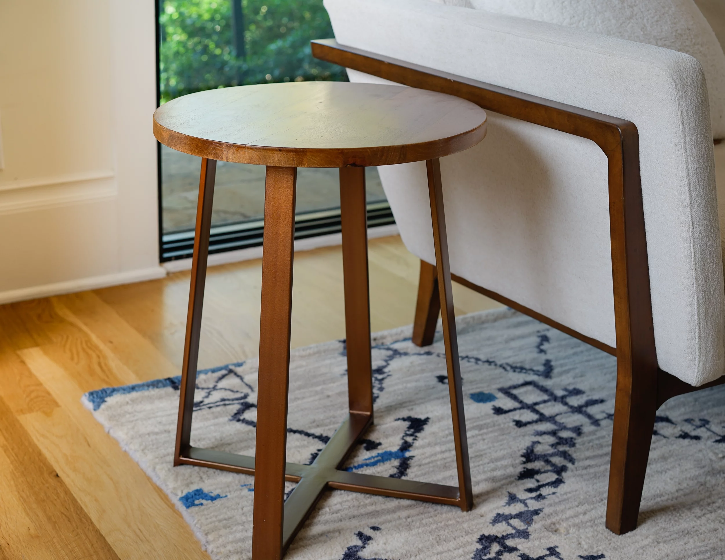 Posh Pollen Ross Round Side Table with Solid Wood Light Sand Brown Finish with Bronze Base