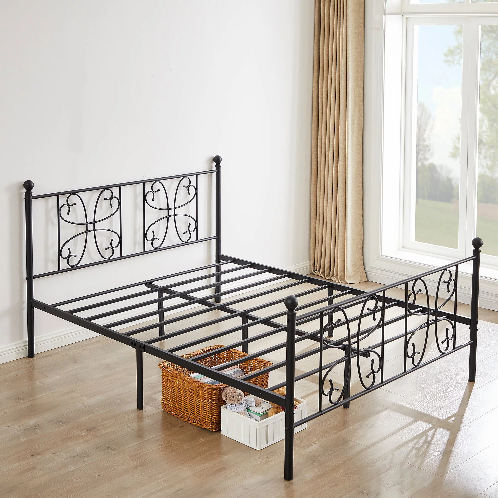 VECELO 3-Piece Bedroom Set, Full Size Metal Platform Bed Frame and Black Nightstand