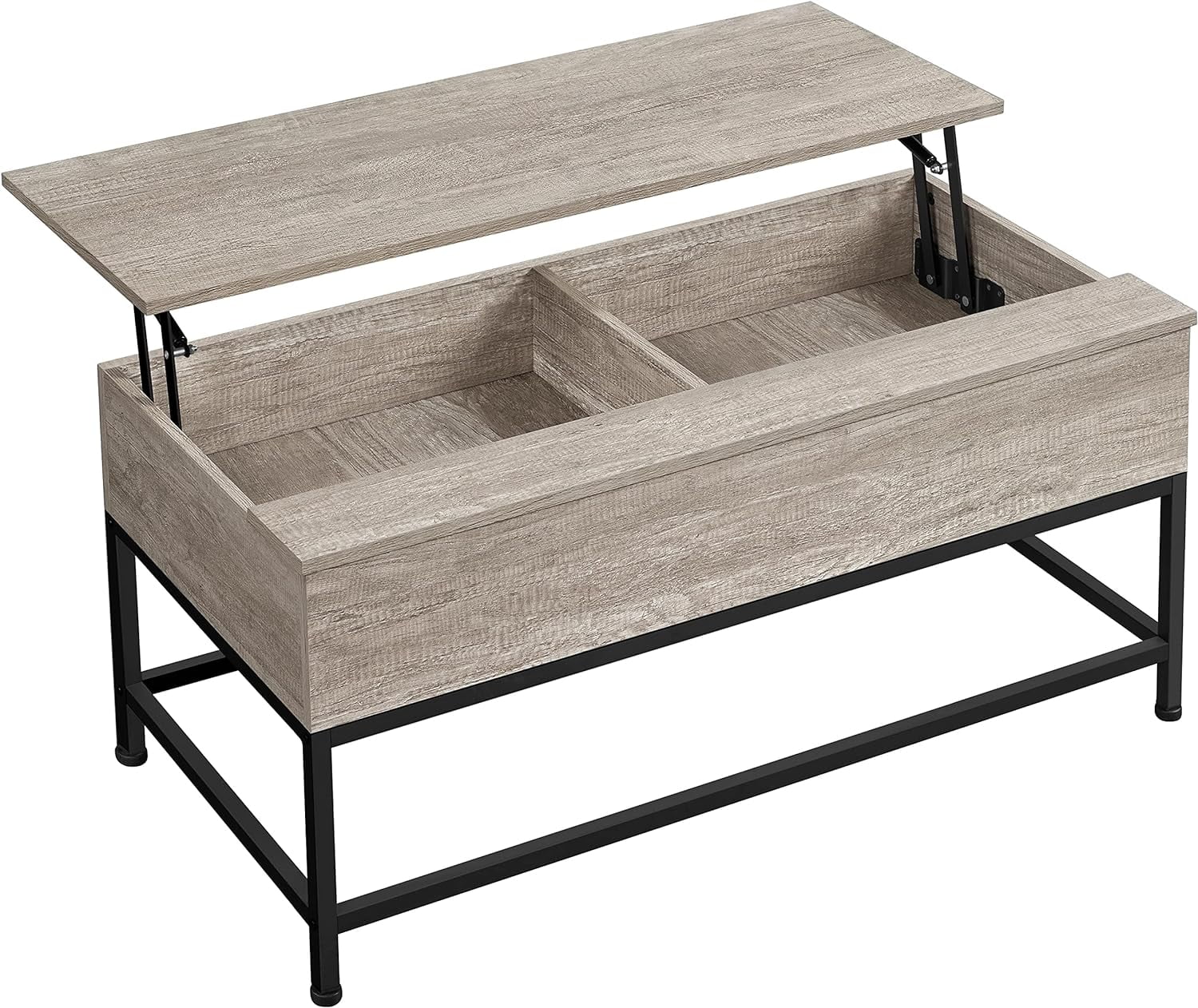 Industrial Lift Top Coffee Table With Storage For Living Room, Farmhouse Tea Table With Hidden Storage Compartments, Wooden Central Table With Sturdy Metal Frame, Gray