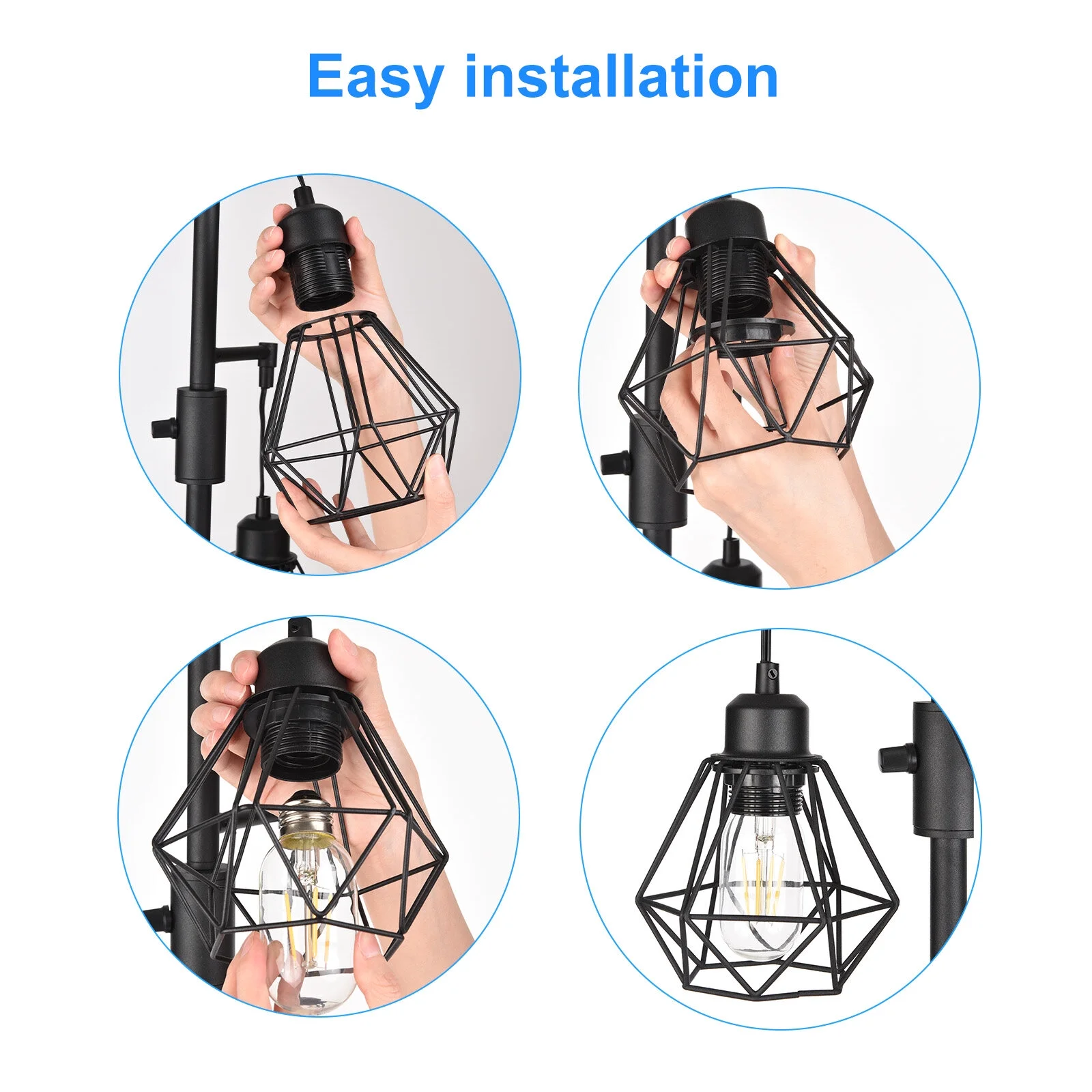 Industrial Floor Lamp with 3 Dimmable LED Bulbs Standing Lamp for Living Room Tree Floor Lamp Tall Lamp with Cage Shades for Bedroom Home Decor