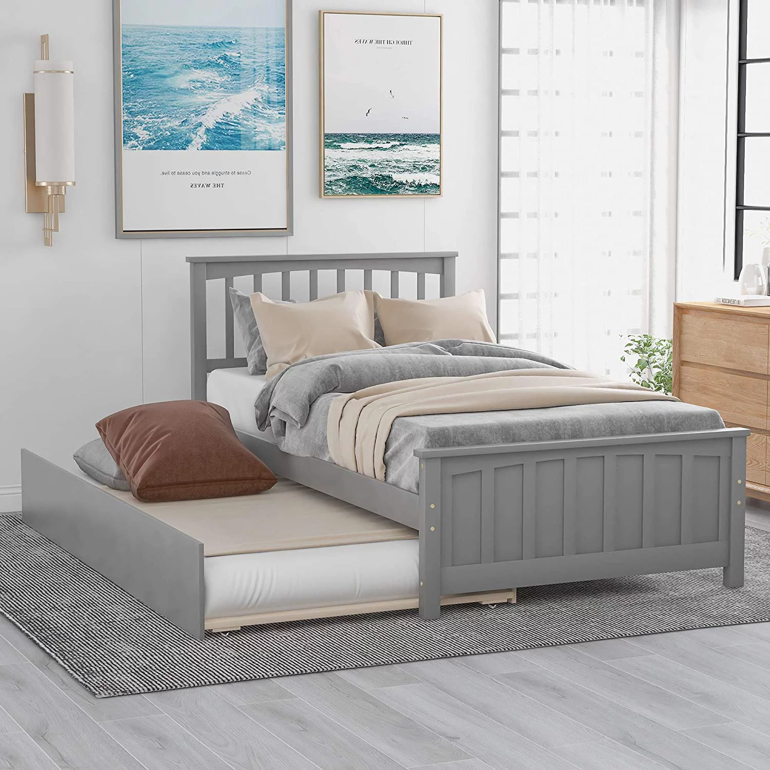 SOGES Solid Wood Twin Size Platform Bed with Trundle for Bedroom Gray