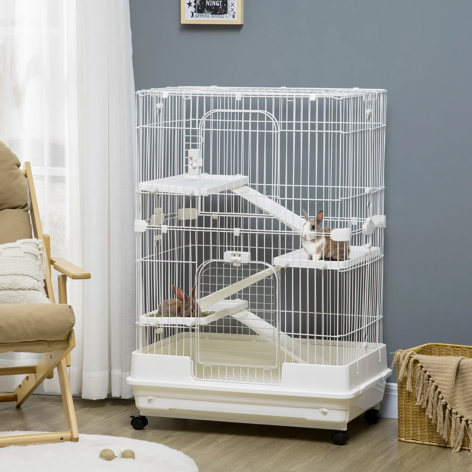 Pawhut L 4-Level Indoor Small Animal Cage Rabbit Hutch Multi Activity Exercise Centre with Universal Wheels Brakes Slide-out Tray - White