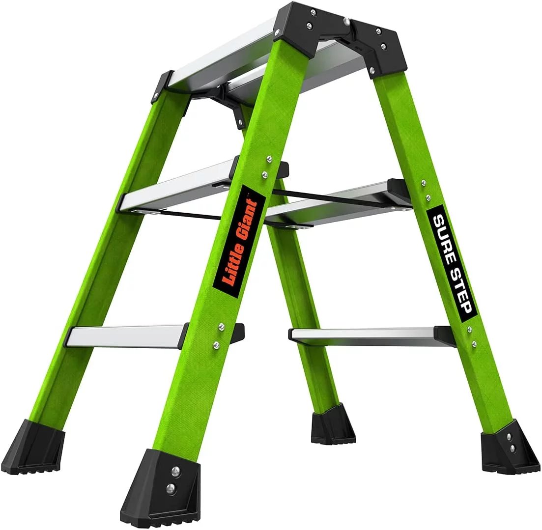 Little Giant Ladders, Sure Step, 3-Step, Double-Sided Step Stool, Fiberglass, (11953), Type 1AA, 375 lbs Weight Rating, Hi-viz Green