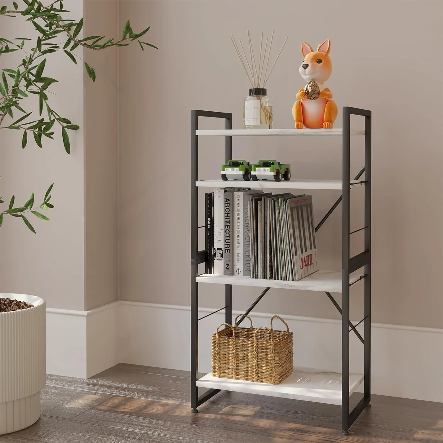 4 Tiers Adjustable Bookshelf White Faux Marble Organizer, Modern Small Bookcase for Small Space,Industrial Wooden Storage Display Rack and Storage Organizer for Living Room Home Office