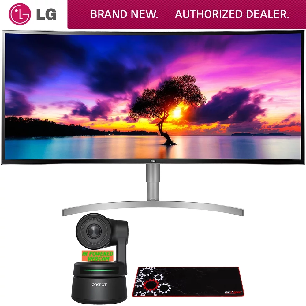 LG 38WK95C-W 38-Inch Class 21:9 Curved UltraWide WQHD+ Monitor with HDR 10 (2018) Bundle with OBSBOT Tiny AI-Powered PTZ Webcam, 1080p HD + Deco Gear Large Extended Pro Gaming Mouse Pad