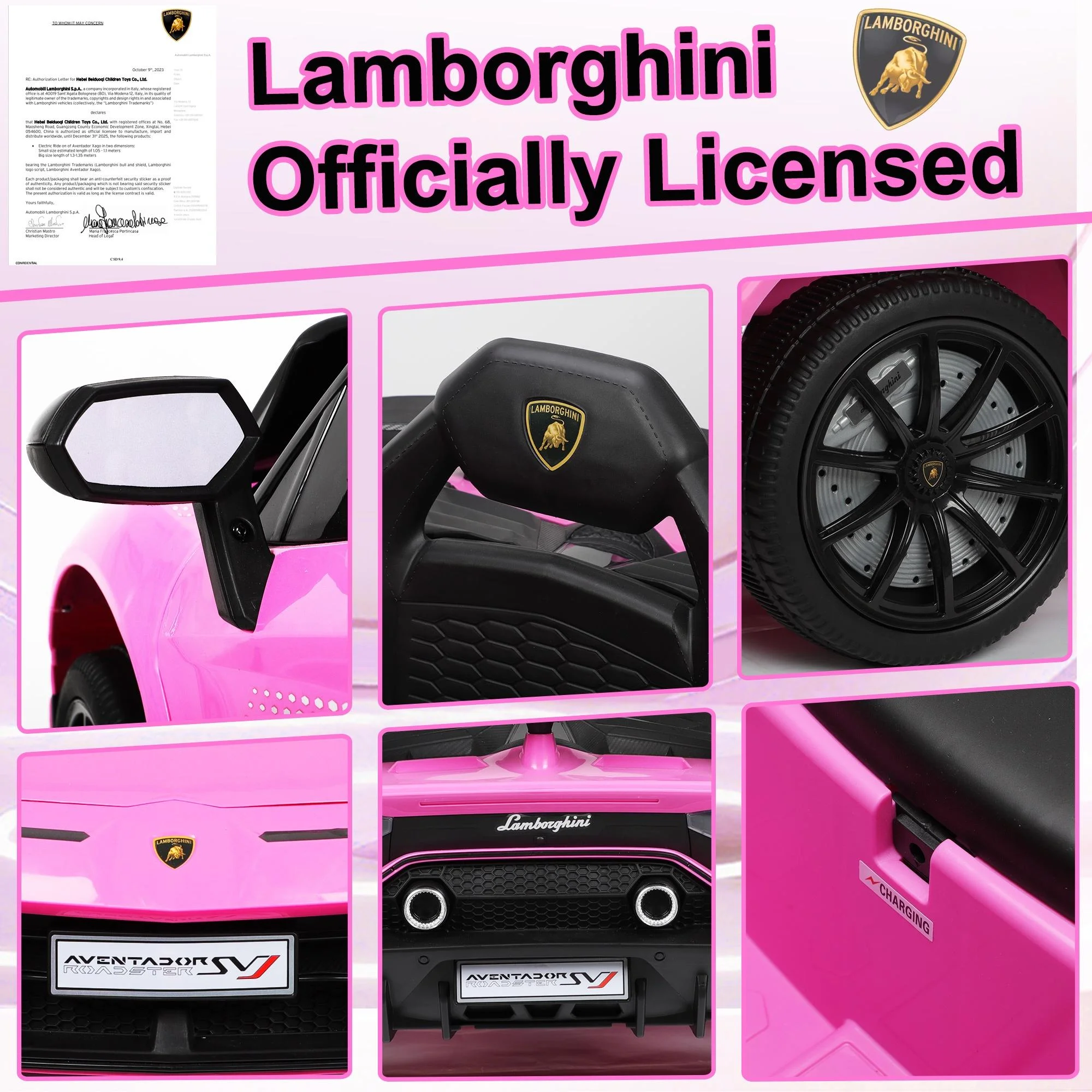Lamborghini Xago 12V Powered Ride on Car, Electric Vehicle Sport Car with Remote Control, Bluetooth, 4 Wheels, Kids Ride on Toy for 3-6 Years Old Boys Girls, Pink