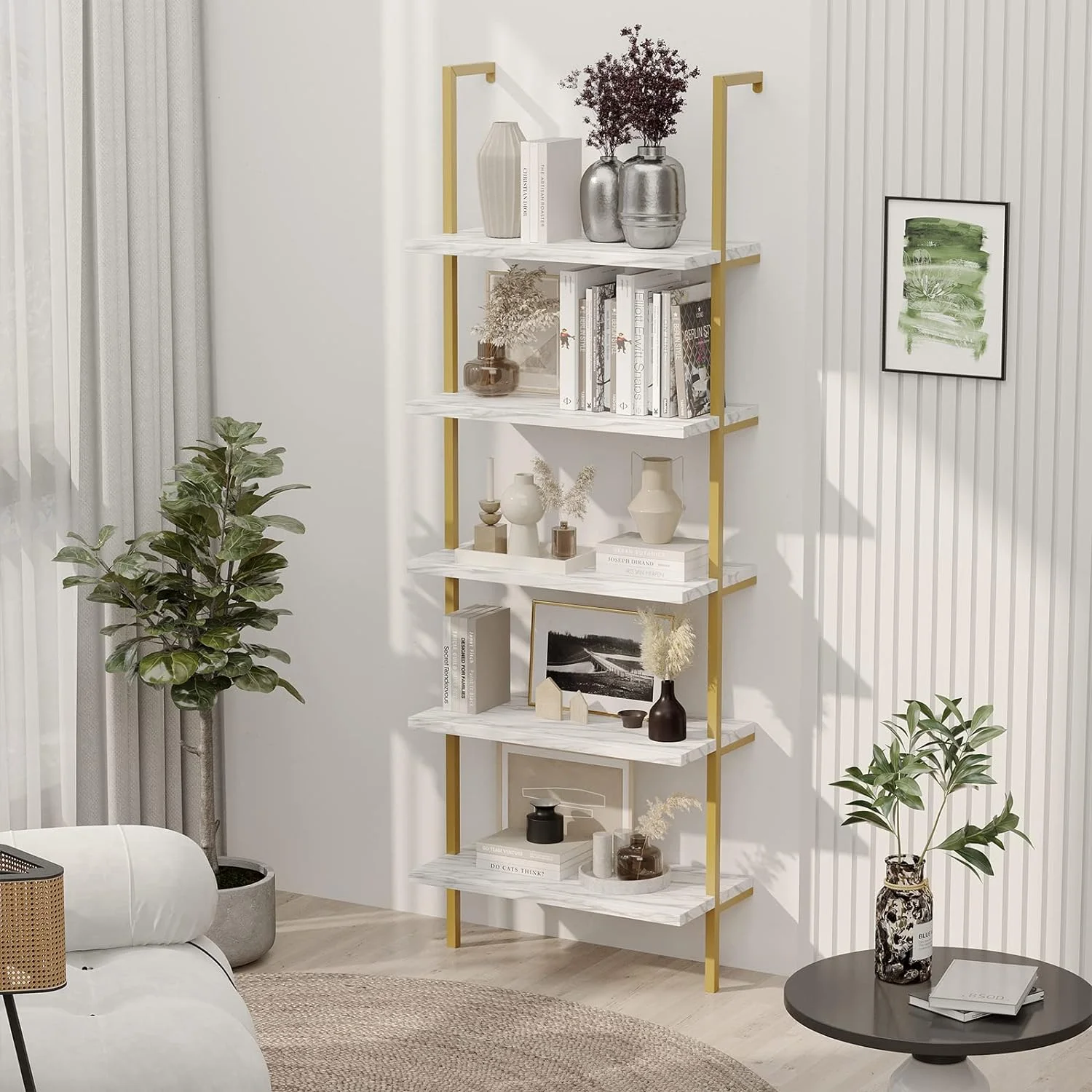 Bevfint 5-Tier Industrial Ladder Shelf Rustic Wall Mounted Metal Frame Bookcases, Open bookshelf for Storage Organizer, Decor for Home Living Room Bedroom - White Marble Board