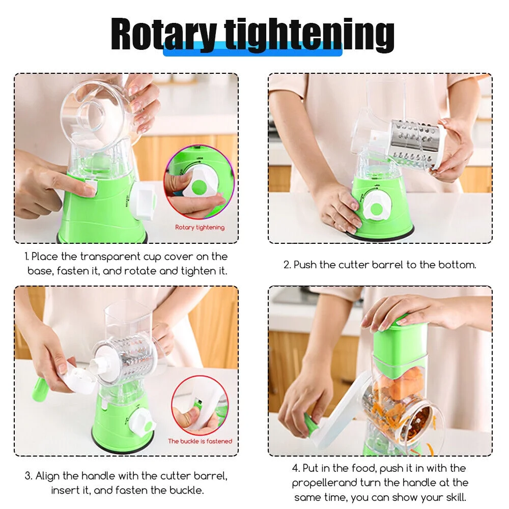 JahyShow Manual Rotary Potato Grater Kitchen Mandoline Vegetable Slicer，with 3 stainless steel vegetable cutting tubes，Easy to use (Green)