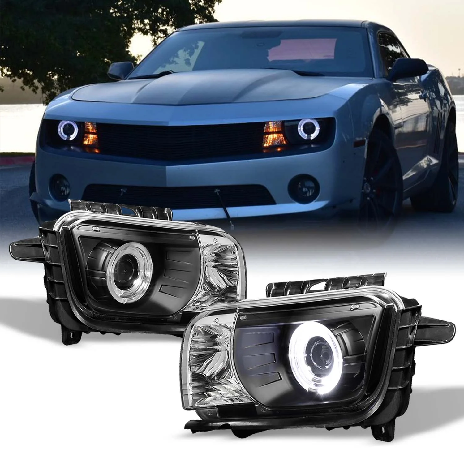 AKKON - For 2010-2013 Chevy Camaro Black Dual CCFL Halo Ring Design Halogen Type Projector Headlights Lamps Pair Left+Right