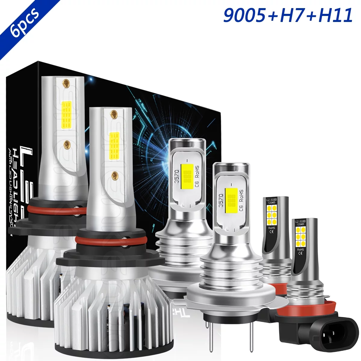 9005 High+H7 Low+H11 Fog Light for Kia Forte 2017-2018 LED Headlight Bulb 6000K White 6pcs