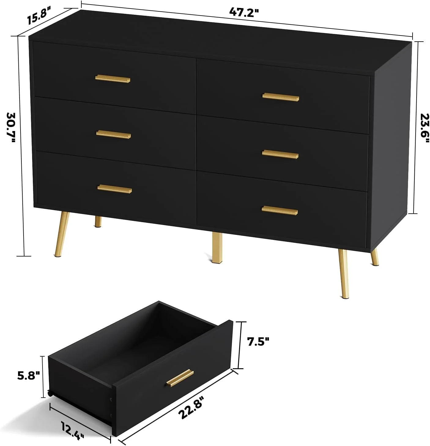 Dresser for Bedroom with 6 Drawers, Modern Wood 6 Drawer Dresser with Black Knobs, Chest of Drawers for Nursery, Living Room, Closet, Entryway, Hallway (Black)