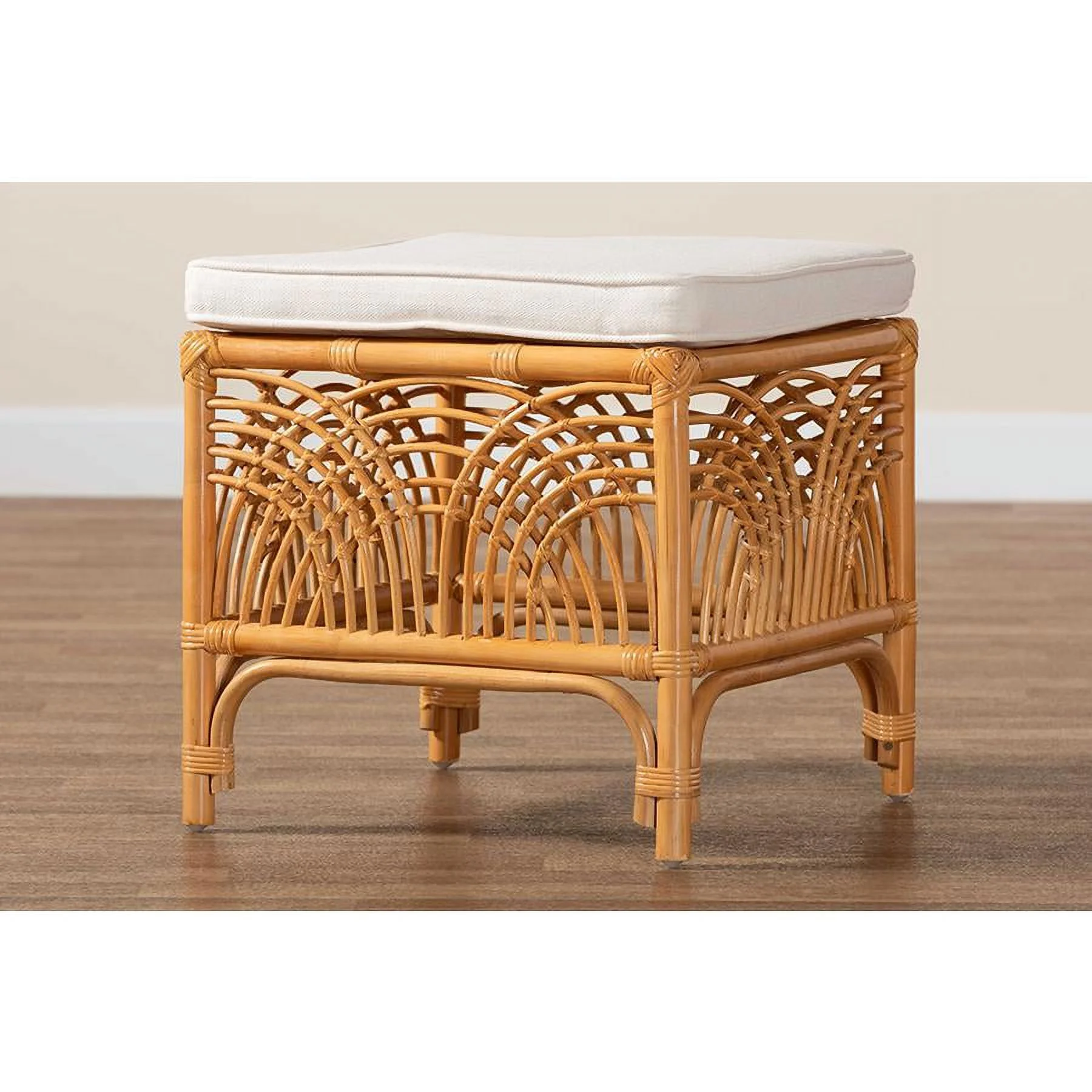 bali & pari Materra Modern Bohemian Rattan Footstool in Natural Brown