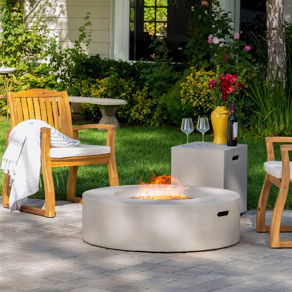 Christopher Knight Home Aidan Circular 50K BTU Outdoor Gas Fire Pit Table with Tank Holder by  Light Grey