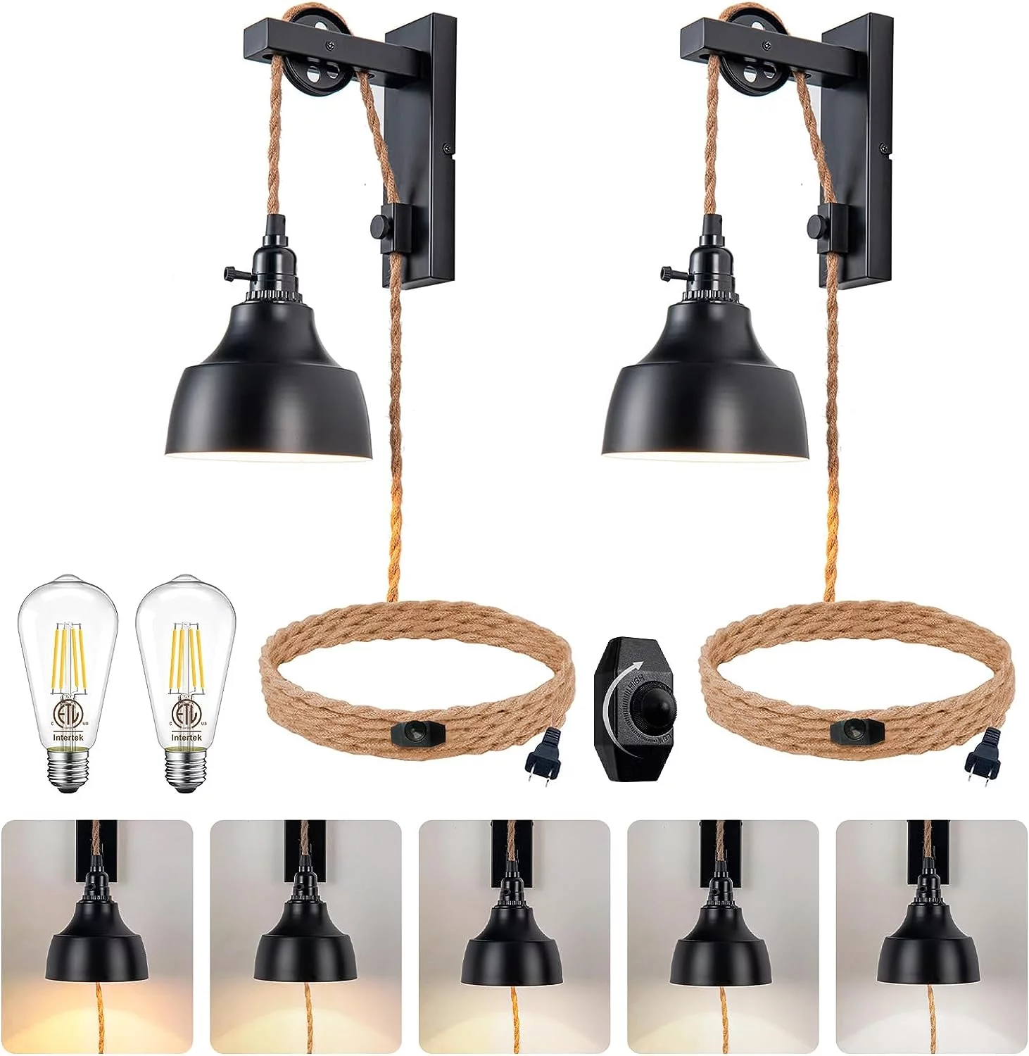 YOUB 8FT Dimmable Plug in Wall Sconces Pulley Wall Lamps Vintage Hanging Light Fixture Wall Lights with Plug in Cord On/Off Switch Set of Two Black Wall Lamp for Bedroom, Living Room and Hotel