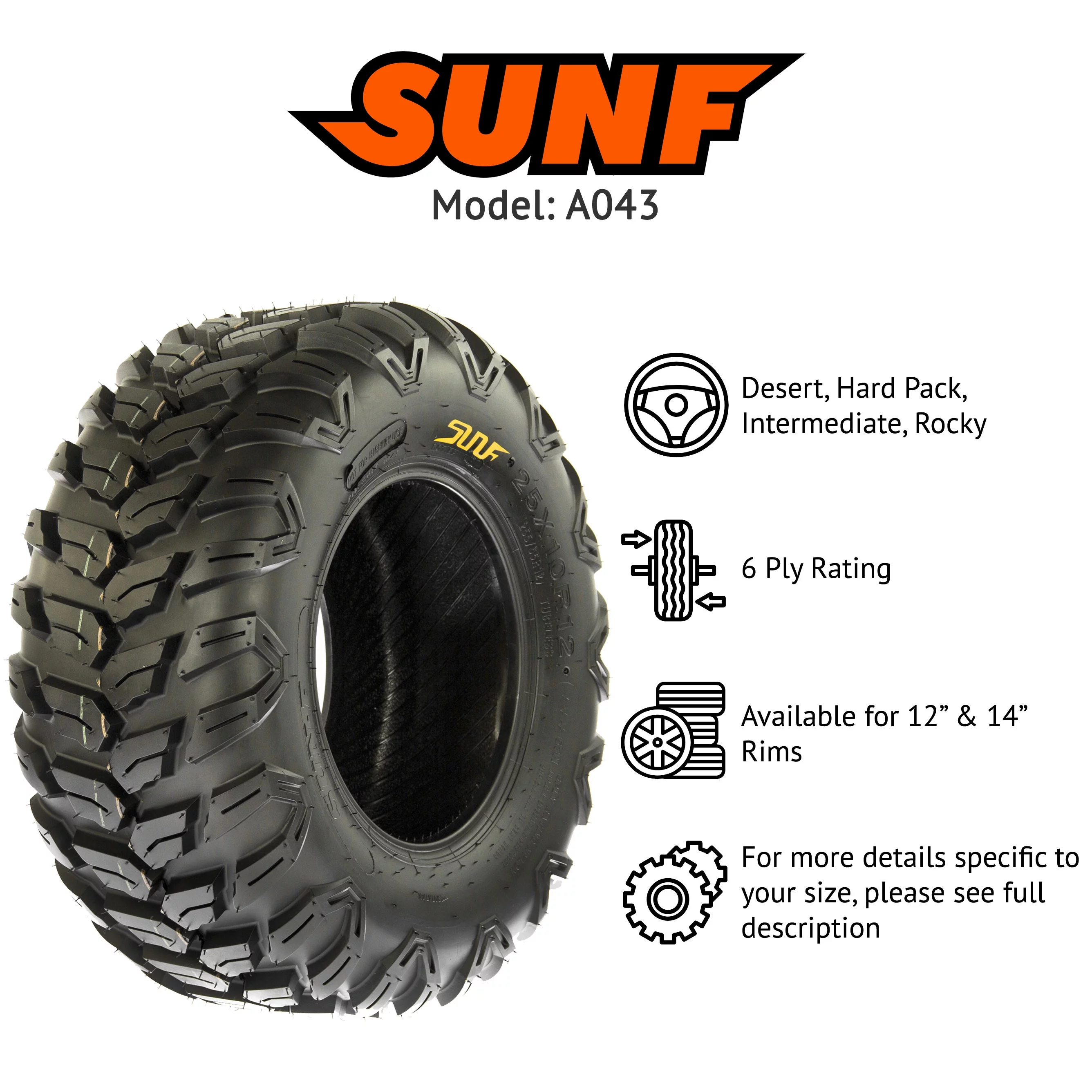 SunF ATV/UTV Tires A043 all-terrain off-road 6PR TL, 26x9R14, Set of 2