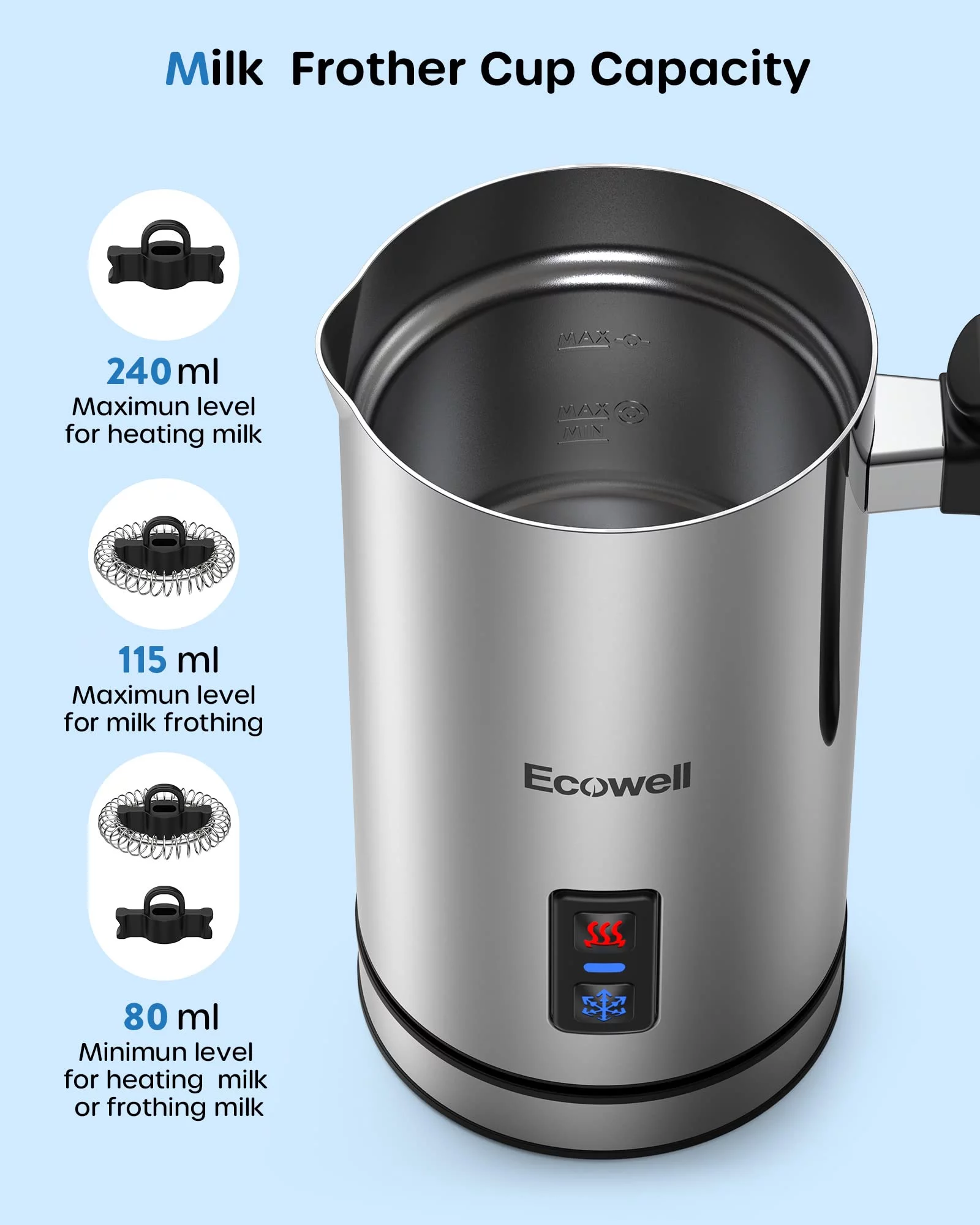 ECOWELL Milk Frother, Automatic Stainless Steel Milk Steamer with Hot & Cold Milk Functionality, Foam Maker, 8.1oz/240 ml Coffee，WMMF02