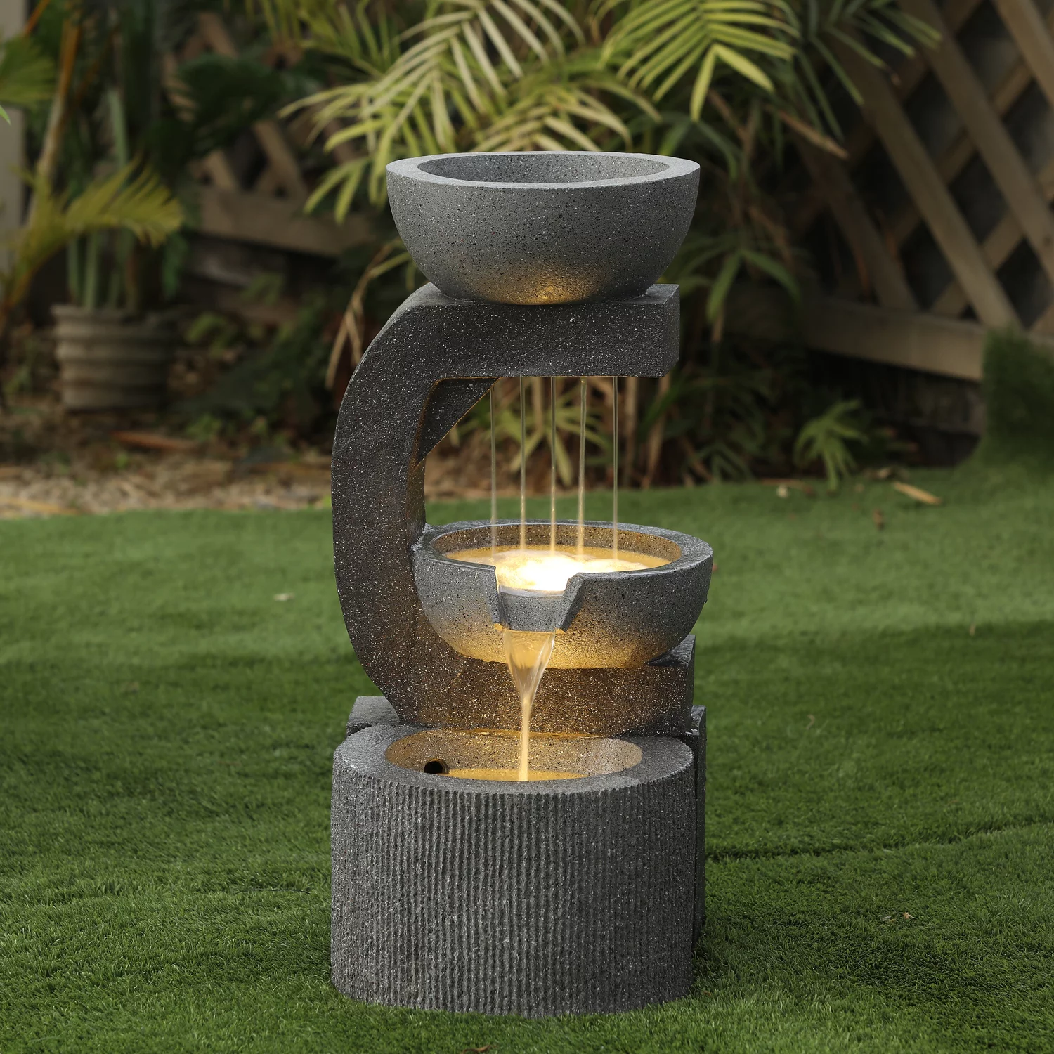 LuxenHome Gray Resin Raining Water Sculpture LED Outdoor Fountain