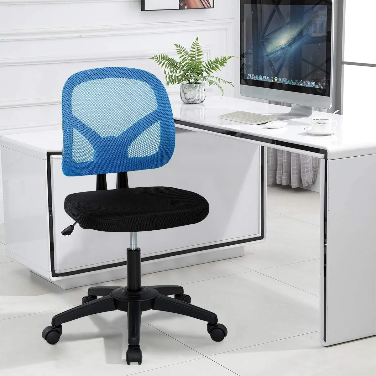 Mesh Office Chair No Arms Swivel Desk Chairs Adjustable Height Computer Chair Swivel Task Chair with Curved Square Back, Seat Width 18.3 inch, Blue