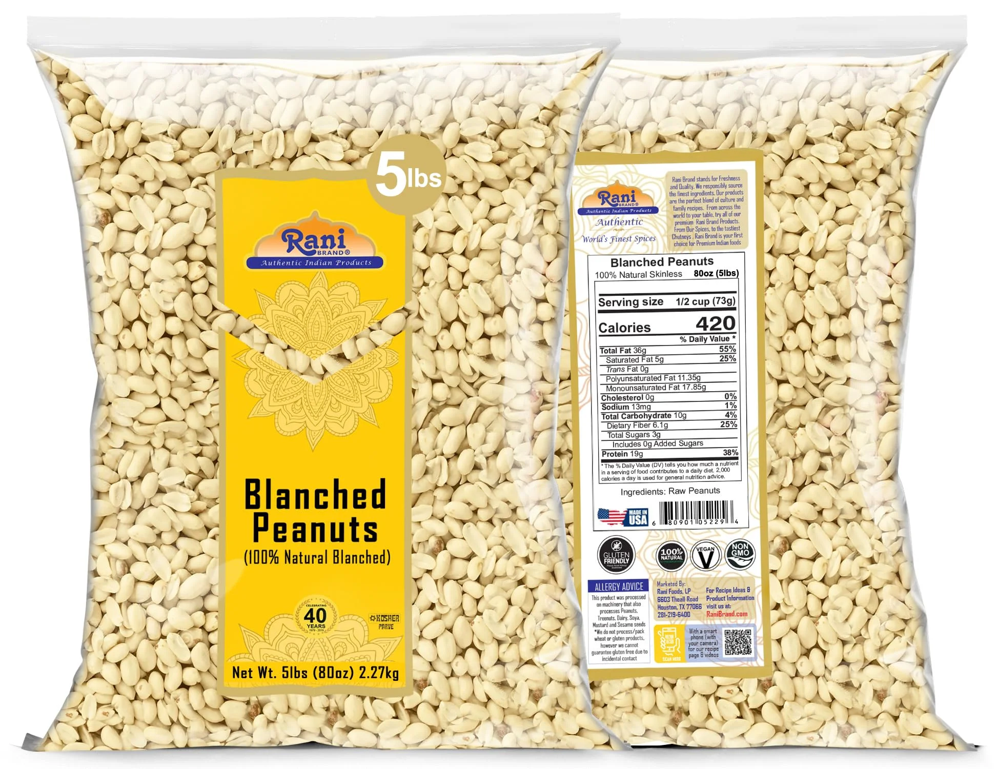 Rani Peanuts Skinless (Blanched, Uncooked) 80oz (5lbs) 2.27kg Bulk ~ All Natural | Vegan | Gluten Friendly | Kosher | Fresh Product of USA ~ Spanish Grade Groundnuts