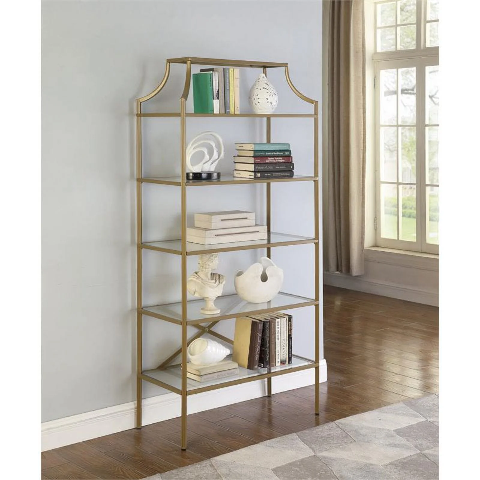 Pemberly Row 5 Tier Tempered Glass Shelves Bookcase in Matte Gold