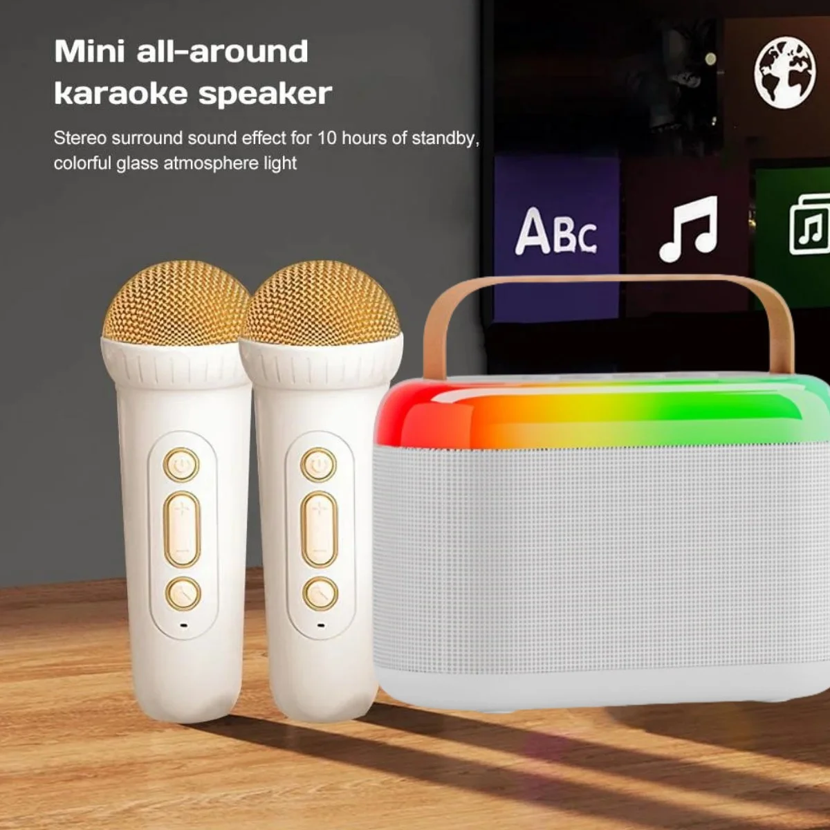 Karaoke Machine with 2 Wireless Mic, Mini Portable Bluetooth Karaoke Singing Speaker with RGB Atmosphere Lights for Kids Adults Home Party