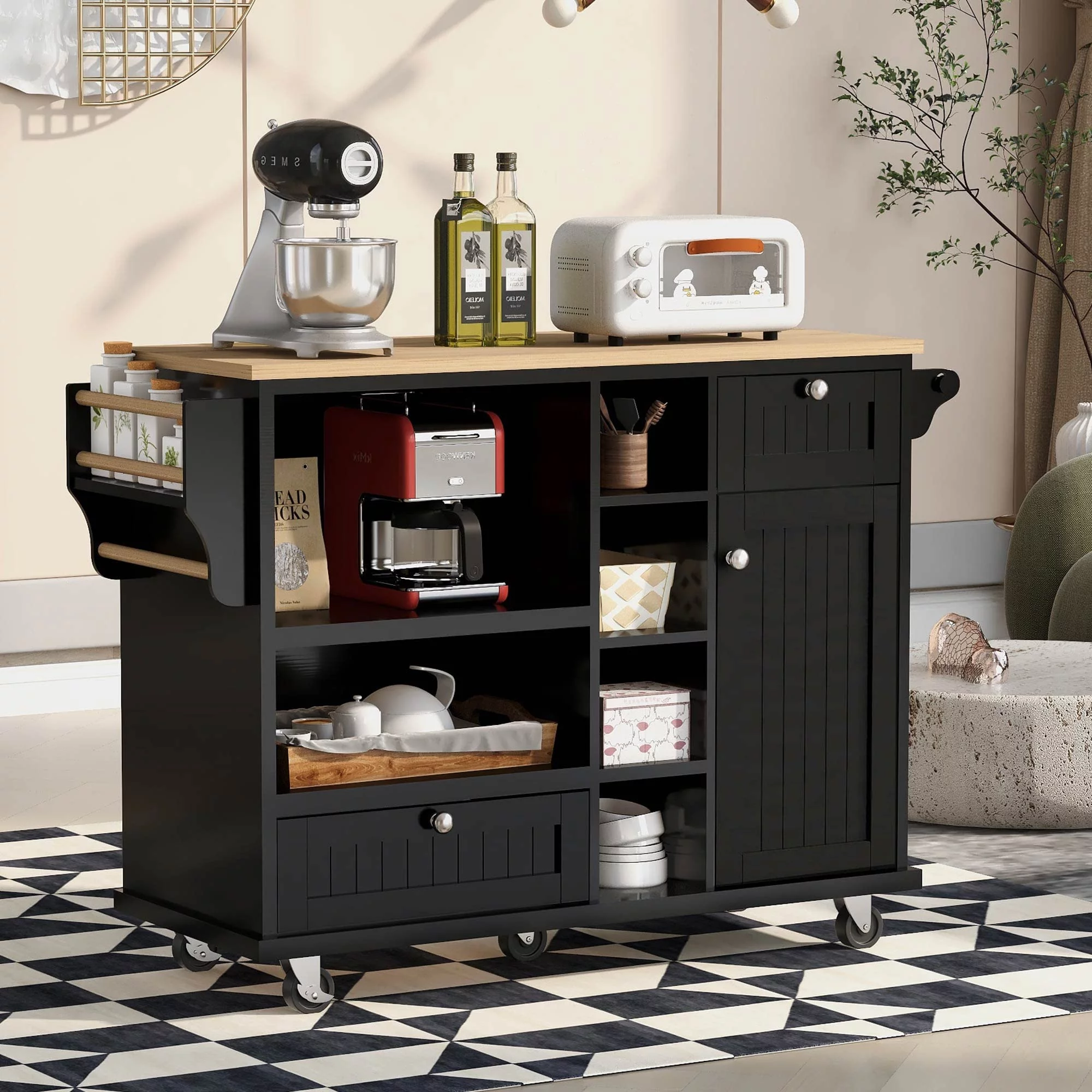 Kitchen Island on Wheels with Two Locking Wheels, Rolling Kitchen Island with Solid wood desktop, Kitchen Island Cart with Microwave Cabinet, 2 Drawers, Shelves, Spice Rack, Towel Rack （Black）