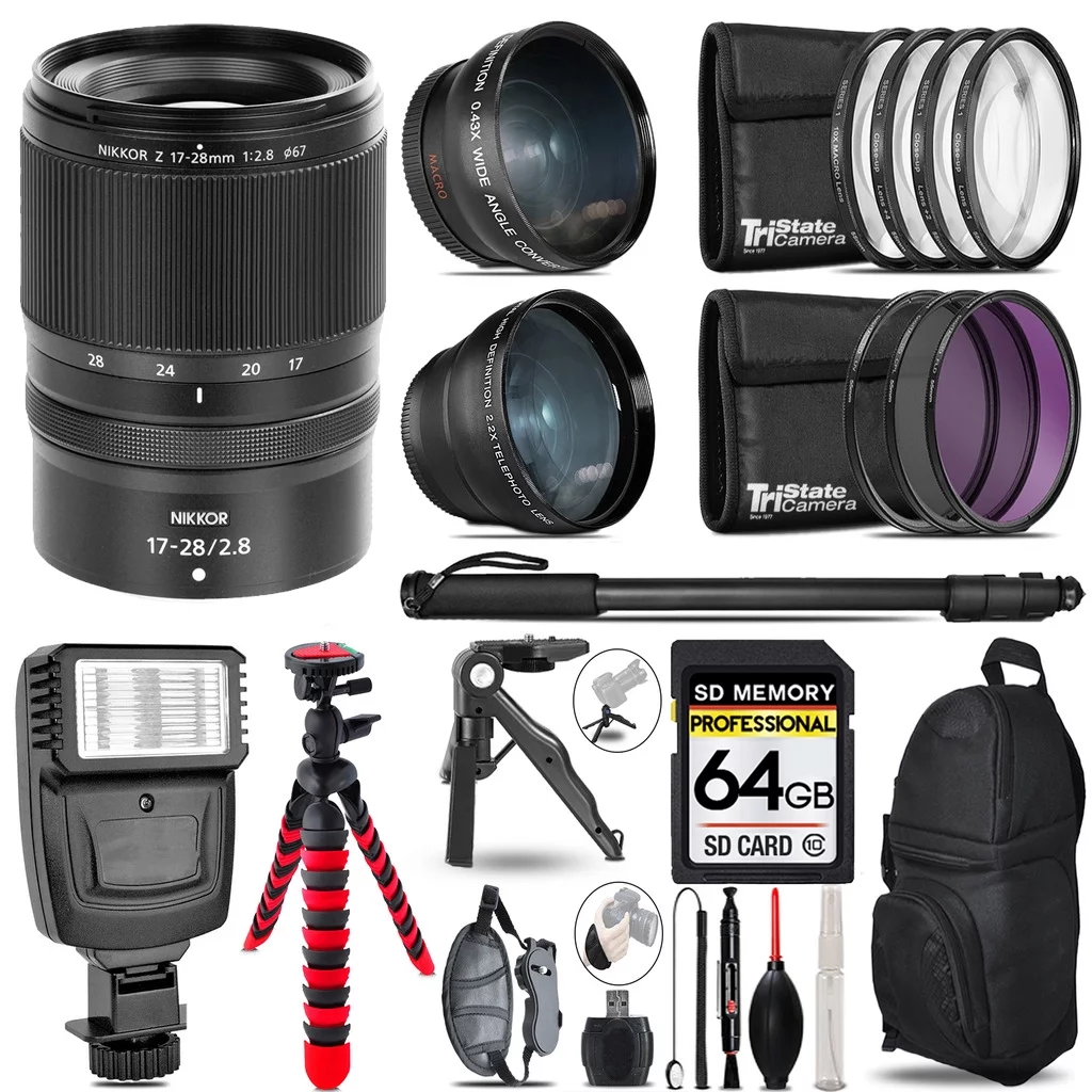 Nikon NIKKOR Z 17-28mm f/2.8  Lens + Slave Flash + Tripod - 64GB Accessory Bundle