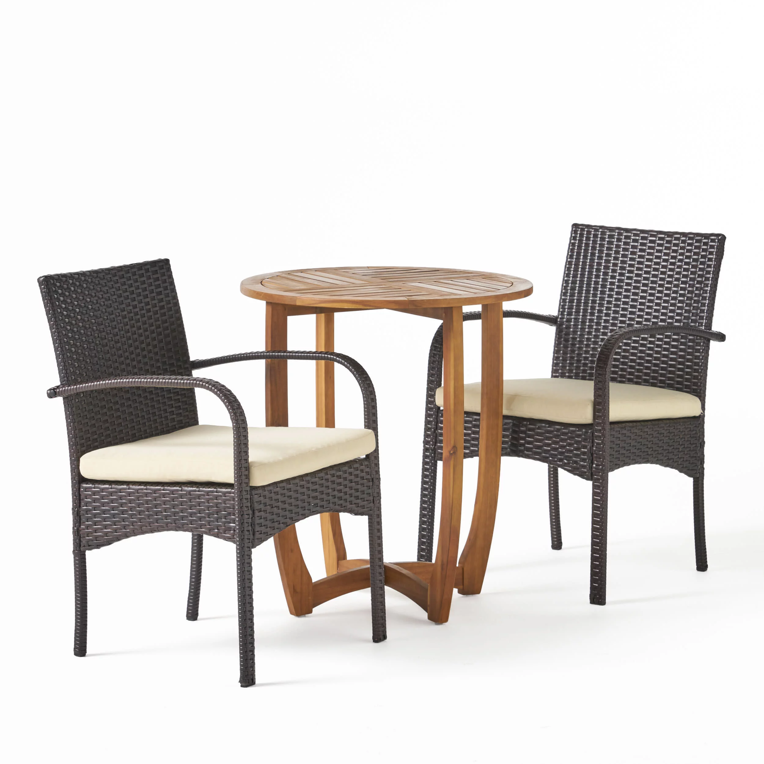 GDF Studio Typhaine Outdoor Acacia Wood and Wicker 3 Piece Bistro Set with Cushions, Teak, Multibrown, and Beige
