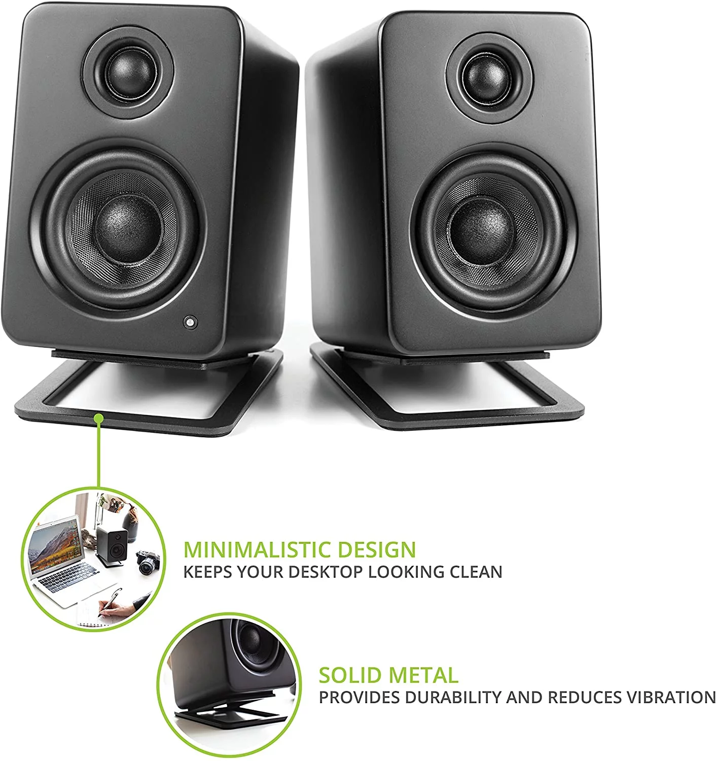 Kanto YU2 PC Gaming Desktop Speakers 100W - Matte White (Pair) with Kanto S2 Angled Desktop Speaker Stands - Black (Pair) (2022)