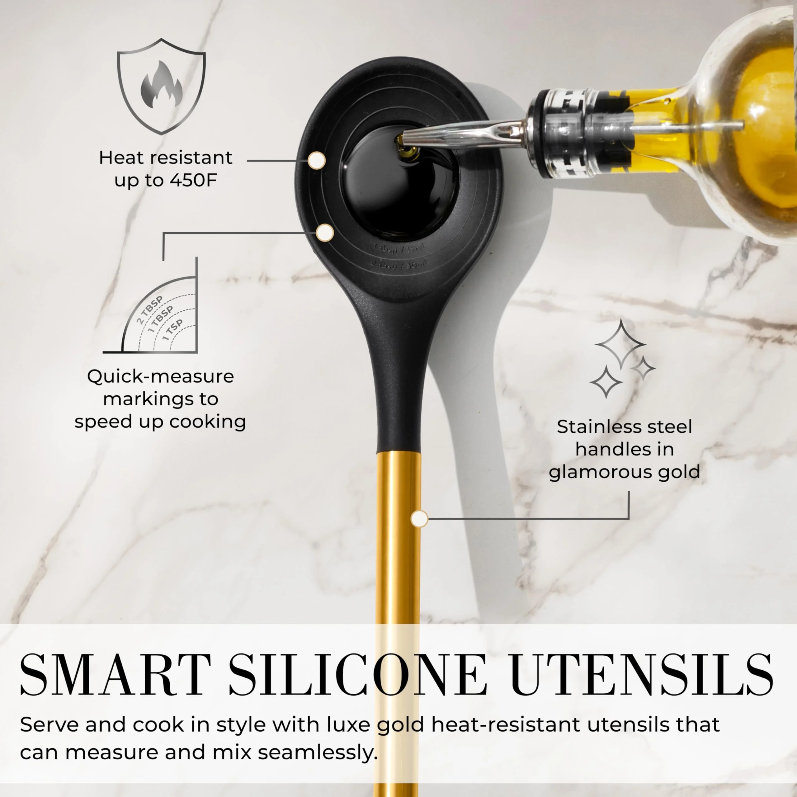 Styled Settings Black and Gold Kitchen Utensils Set - 15 Piece Gold Utensils Set Includes Non-Stick, BPA-Free, Black Silicone and Gold Cooking Utensils Set and Gold Measuring Cups and Spoons Set