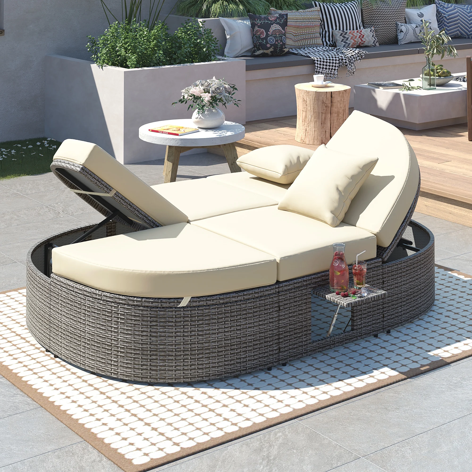 Homiyad Outdoor Sun Bed Patio 2-Person Daybed with Cushions and Pillows, Rattan Garden Reclining Chaise Lounge with Adjustable Backrests and Foldable Cup Trays for Lawn, Poolside, Beige