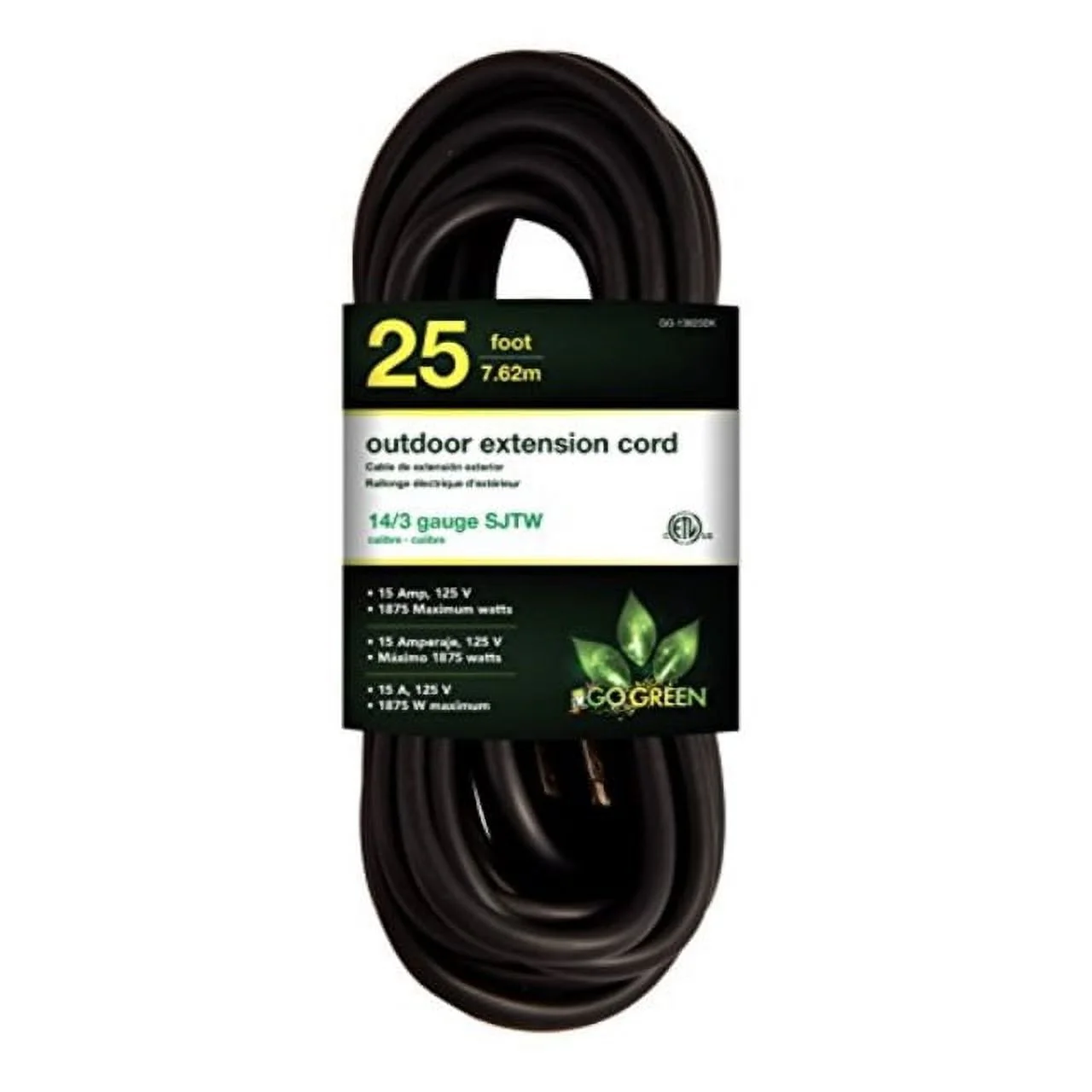 GoGreen Power GG-13825BK - 143 25 SJTW Outdoor Extension Cord - Black