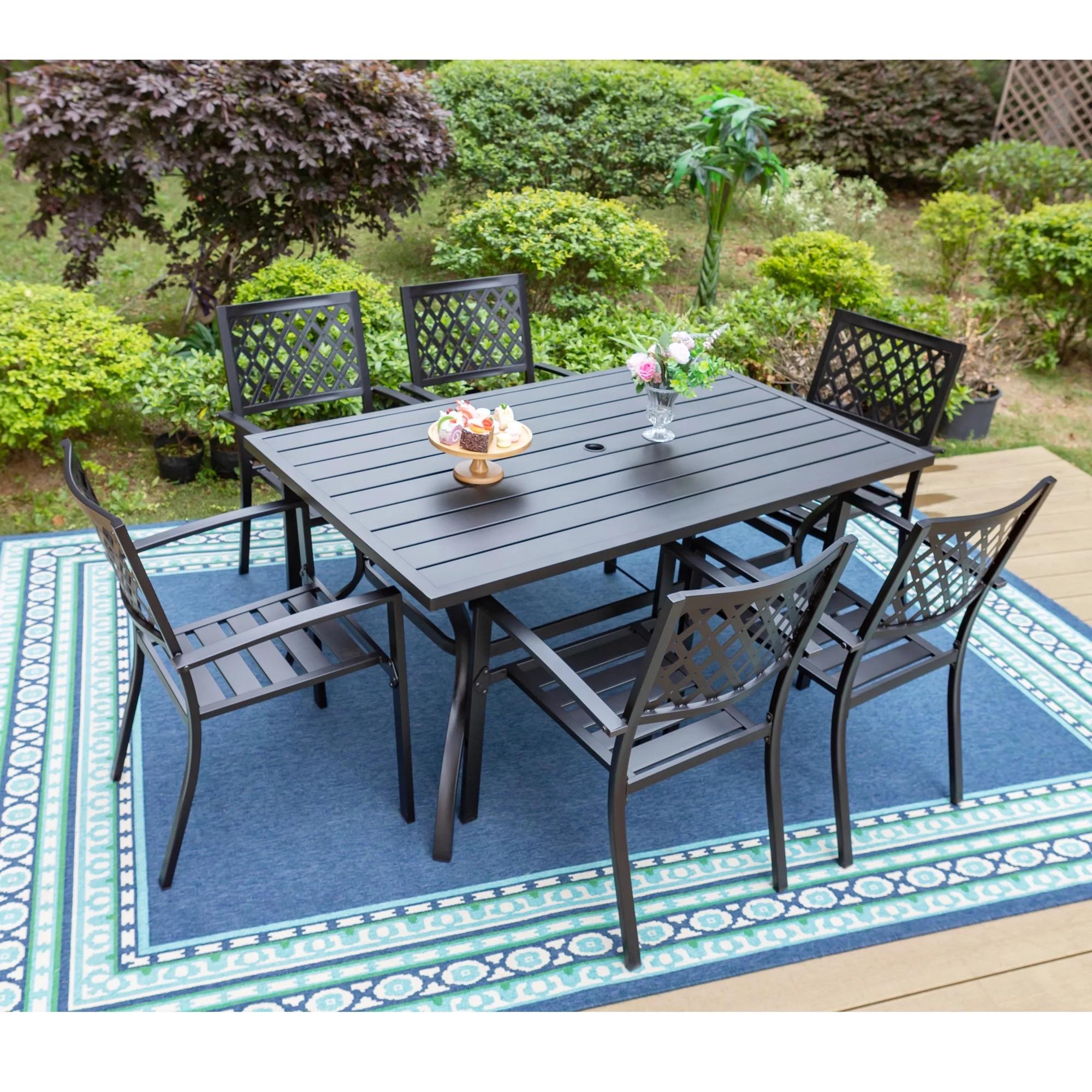 MF Studio 7-Piece Outdoor Patio Dining Set Metal Steel Furniture with 6 PCS Stackable Armchairs& 1 PC Rectangular Table for Dinner&Summer, Black
