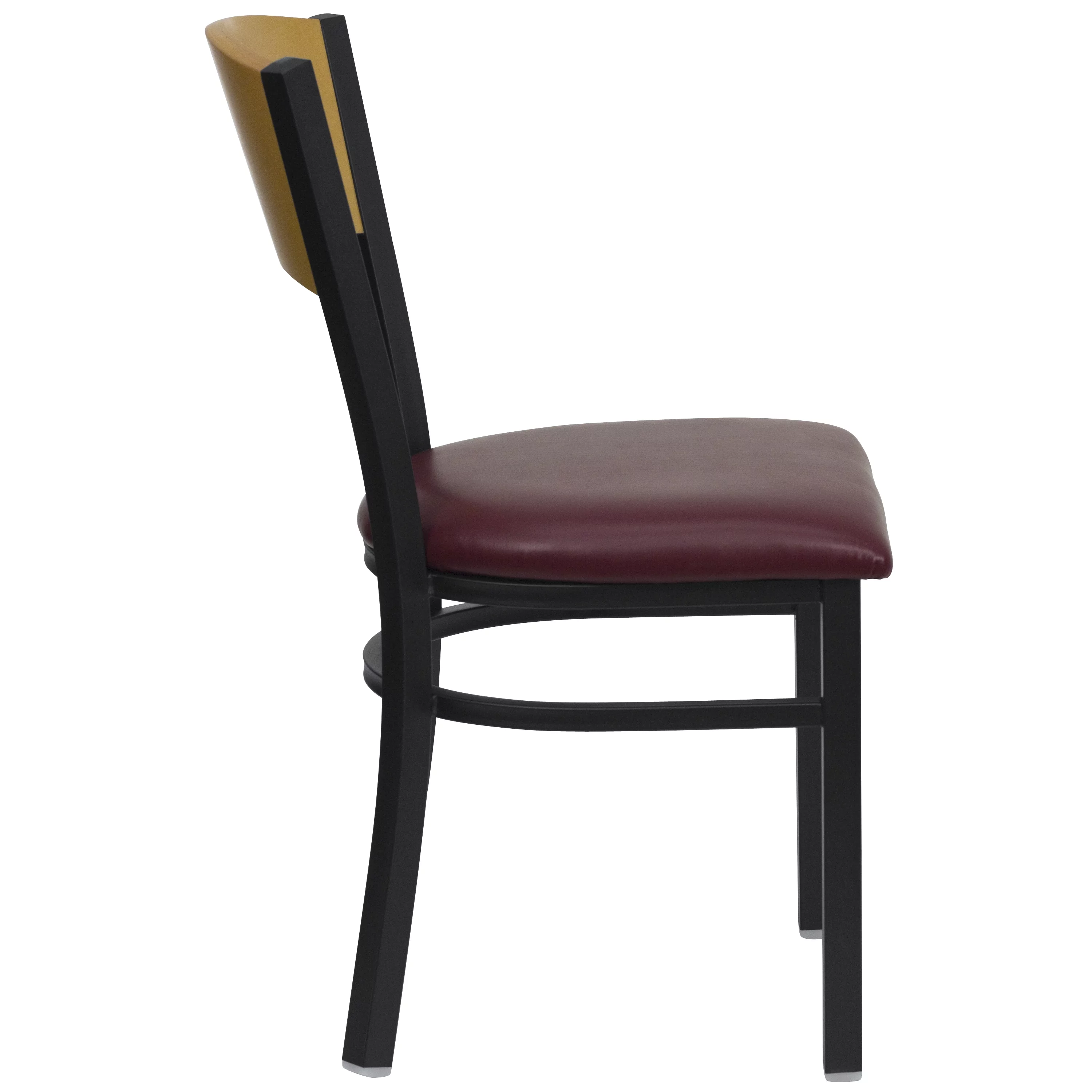 BizChair Black Circle Back Metal Restaurant Chair - Natural Wood Back, Burgundy Vinyl Seat
