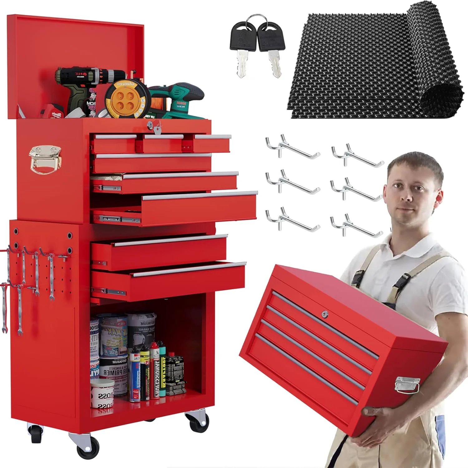 Tool Chest, 8 Drawer Large Tool Cabinet with Wheels, Tool Storage Cabinet with Detachable Top Toolbox with 6 Hooks & Drawer Liners, Metal Tool Cart for Garage, Warehouse, Red