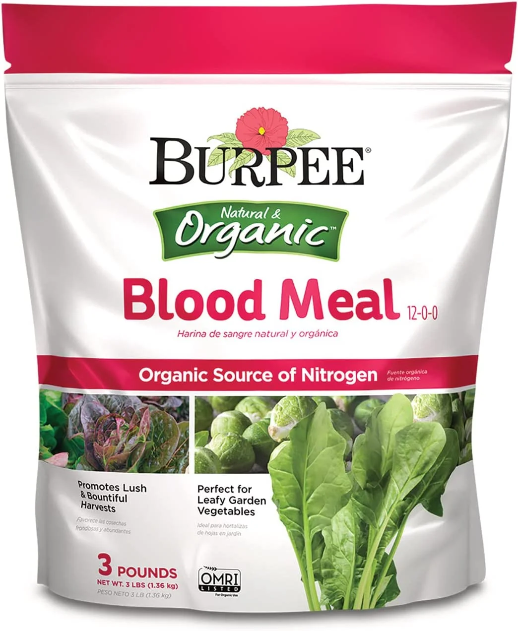 Burpee Organic Blood Meal Fertilizer | Add to Potting Soil | Excellent Natural Source of Nitrogen | for Tomatoes, Spinach, Broccoli, Leafy Greens | 3 lb, 1-Pack