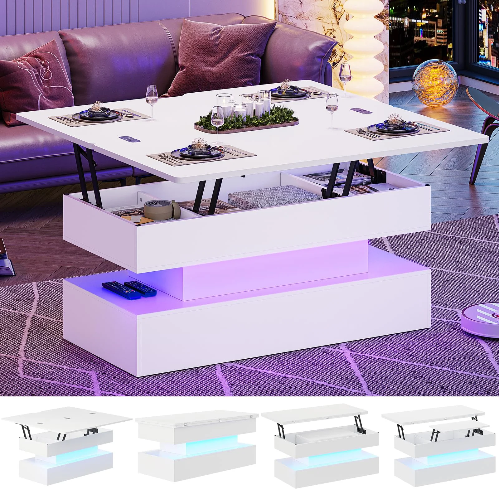 Lift Top Coffee Table, Modern 4 in 1 Center Tables with LED Light and Hidden Compartment, White