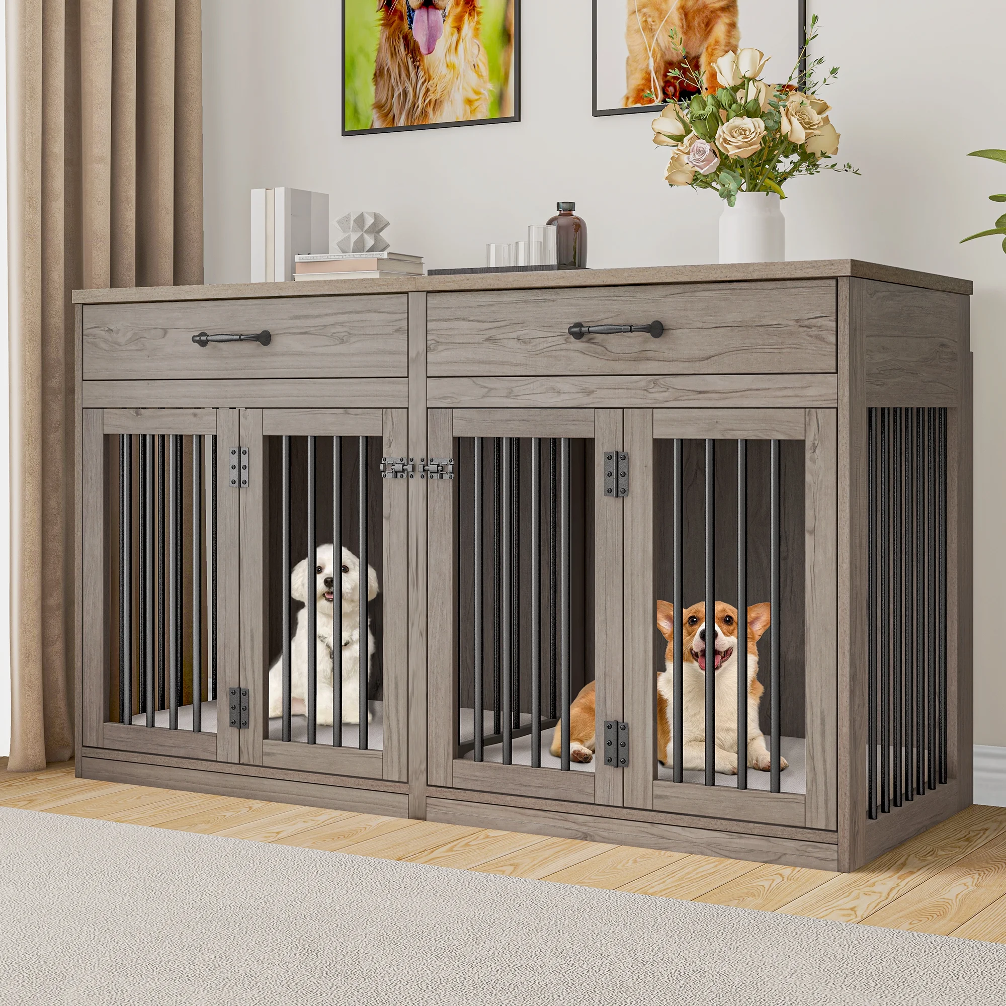 Dextrus Large Dog Crate Furniture for 2 Dogs, 60