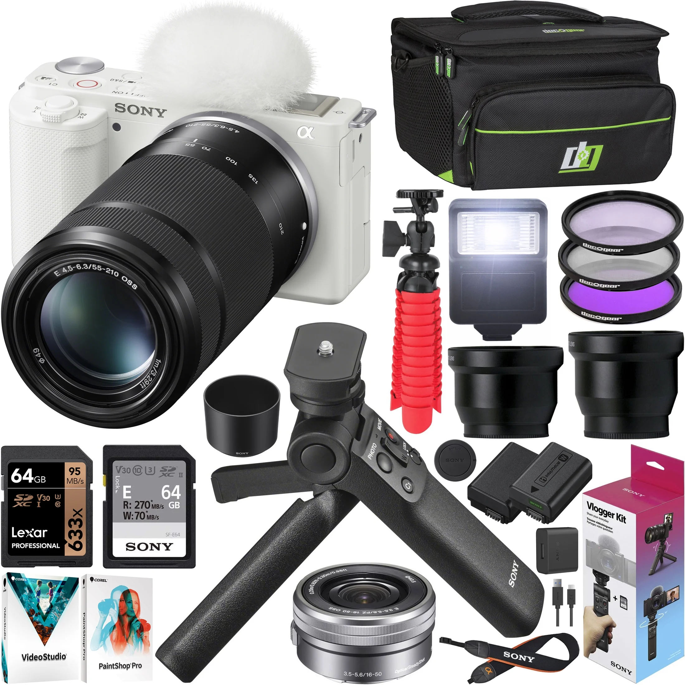Sony ZV-E10 Mirrorless Camera 2 Lens Vlogger Kit 16-50mm + 55-210mm ILCZV-E10L/W White Bundle with ACCVC1 including GP-VPT2BT Grip + Filters + Wide & Telephoto Lenses + Deco Gear Case & Accessories