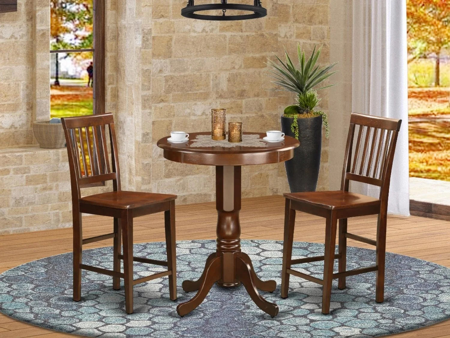 3 Piece Kitchen Counter Height Set Contains A Round Wooden Table With Pedestal And 2 Dining Chairs, 30X30 Inch, Mahogany