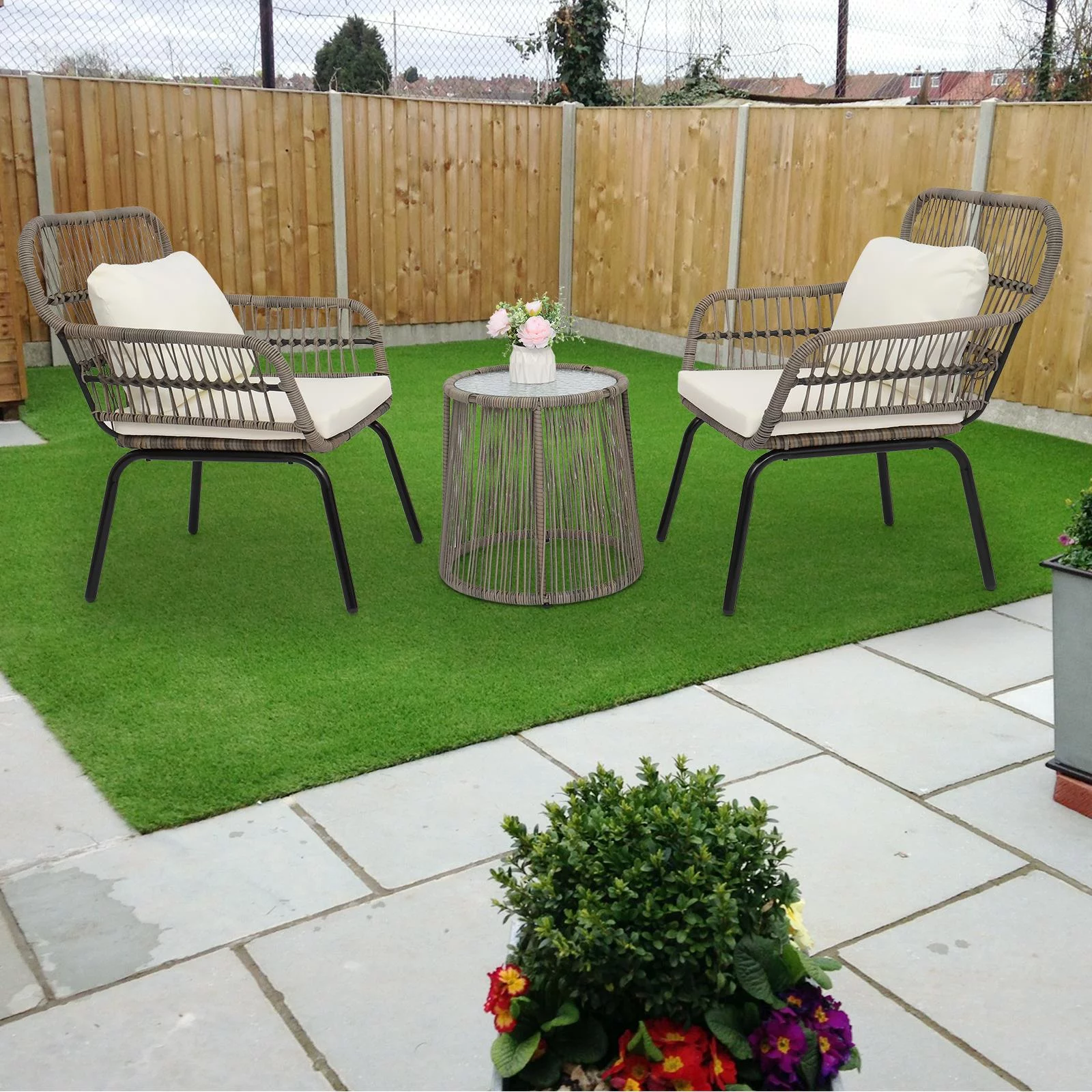 Zimtown 3-Piece Outdoor PE Wicker Patio Conversation Bistro Set,Tan