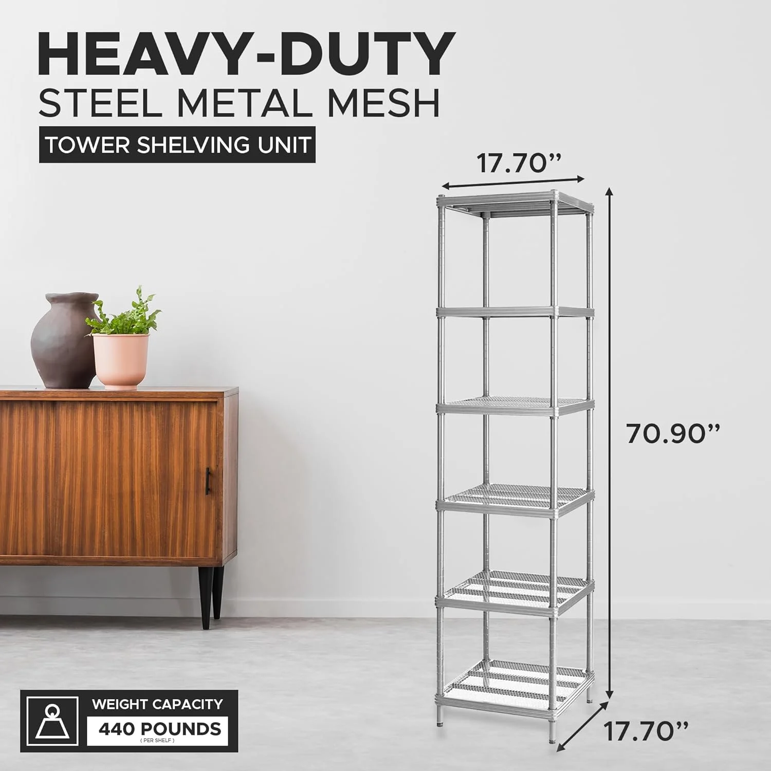 Meshworks 6 Tier Narrow Metal Storage Shelving Tower For Kitchen, Bathroom, Or Garage Organization, 17.7” X 17.7” X 70.9”, Silver