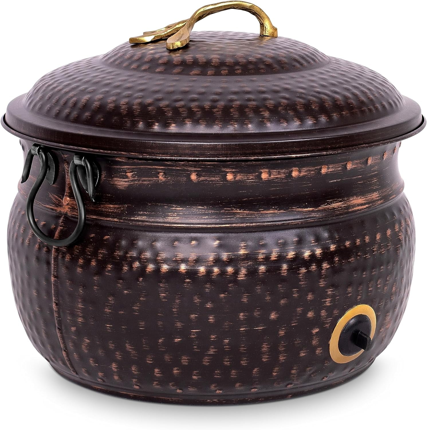 Decorative Water Hose Holder with Lid | Holds 200ft Hoses | Distressed Bronze | Ground Garden Hose Pot | Handle | Embossed | Steel Metal with Copper Accents | Outdoor or Indoor Use