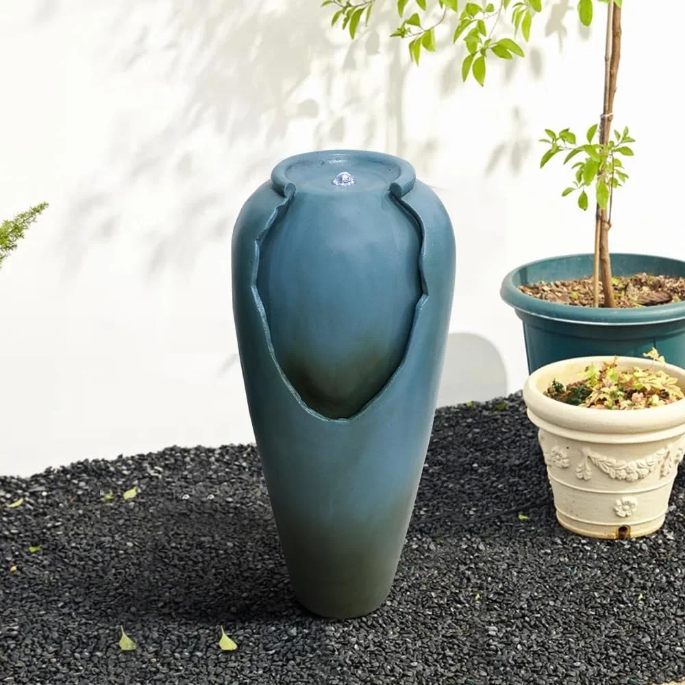 30.7” High Concrete Jar Water Fountain Outdoor Garden Cascading Water Fountain Vase Waterfall Feature w/Electric Pump and LED Light for Indoor Outdoor Home Decor