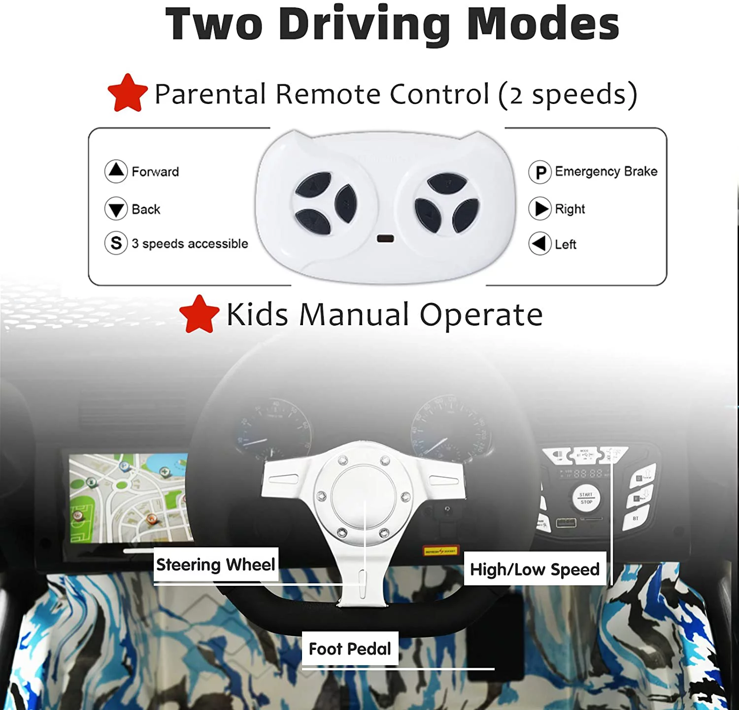 Uenjoy 12V Kids Ride on Toys Electric Battry-Powered Ride-On Truck Car RC Toy w/ Remote Control 2 Speed Camouflage Blue