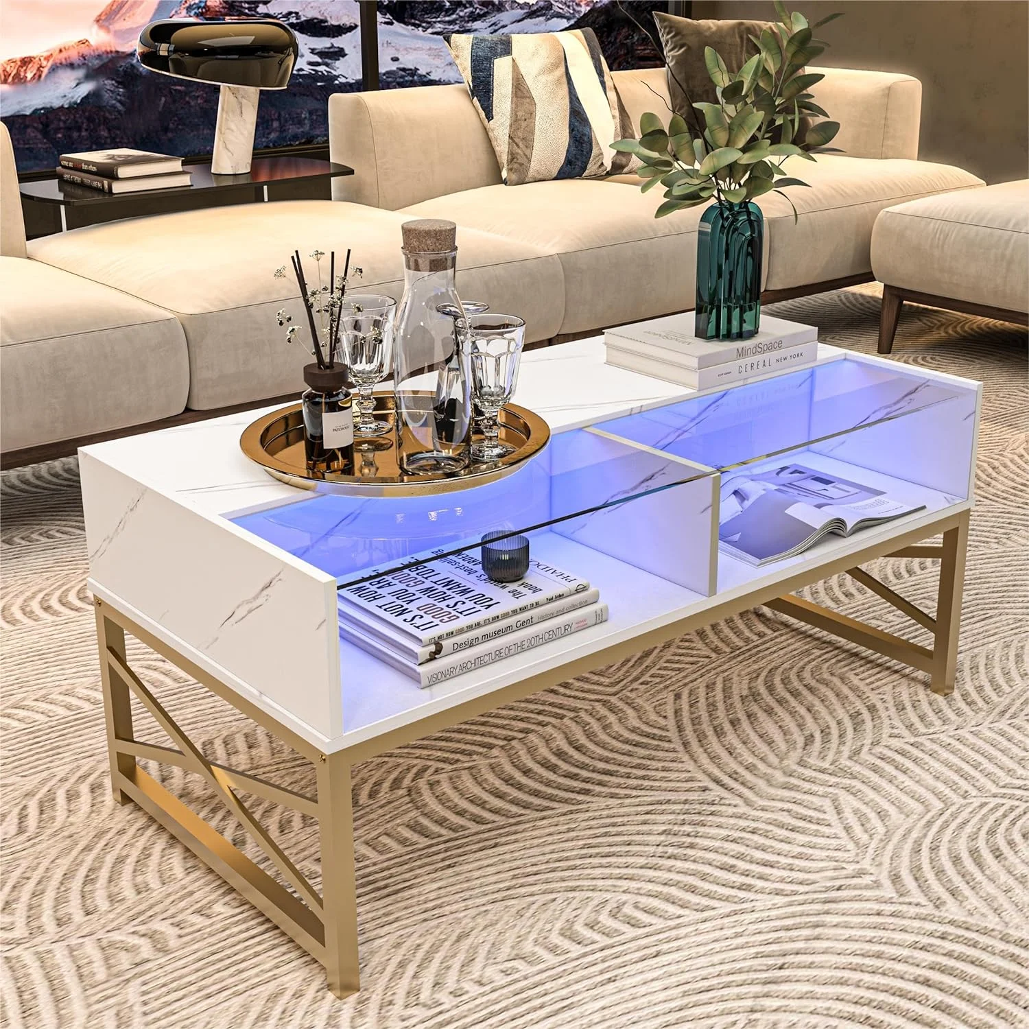 LED Coffee Tables for Living Room 42 inches Center Table, Modern White Marble
