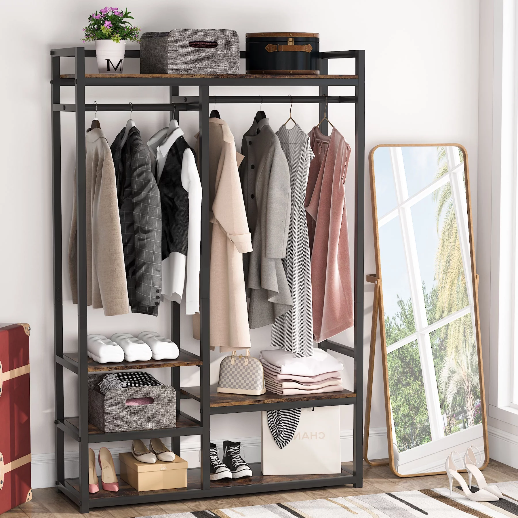 Free-Standing Garment Rack Wardrobe Closet Storage Organizer Clothing Shelving for Bedroom