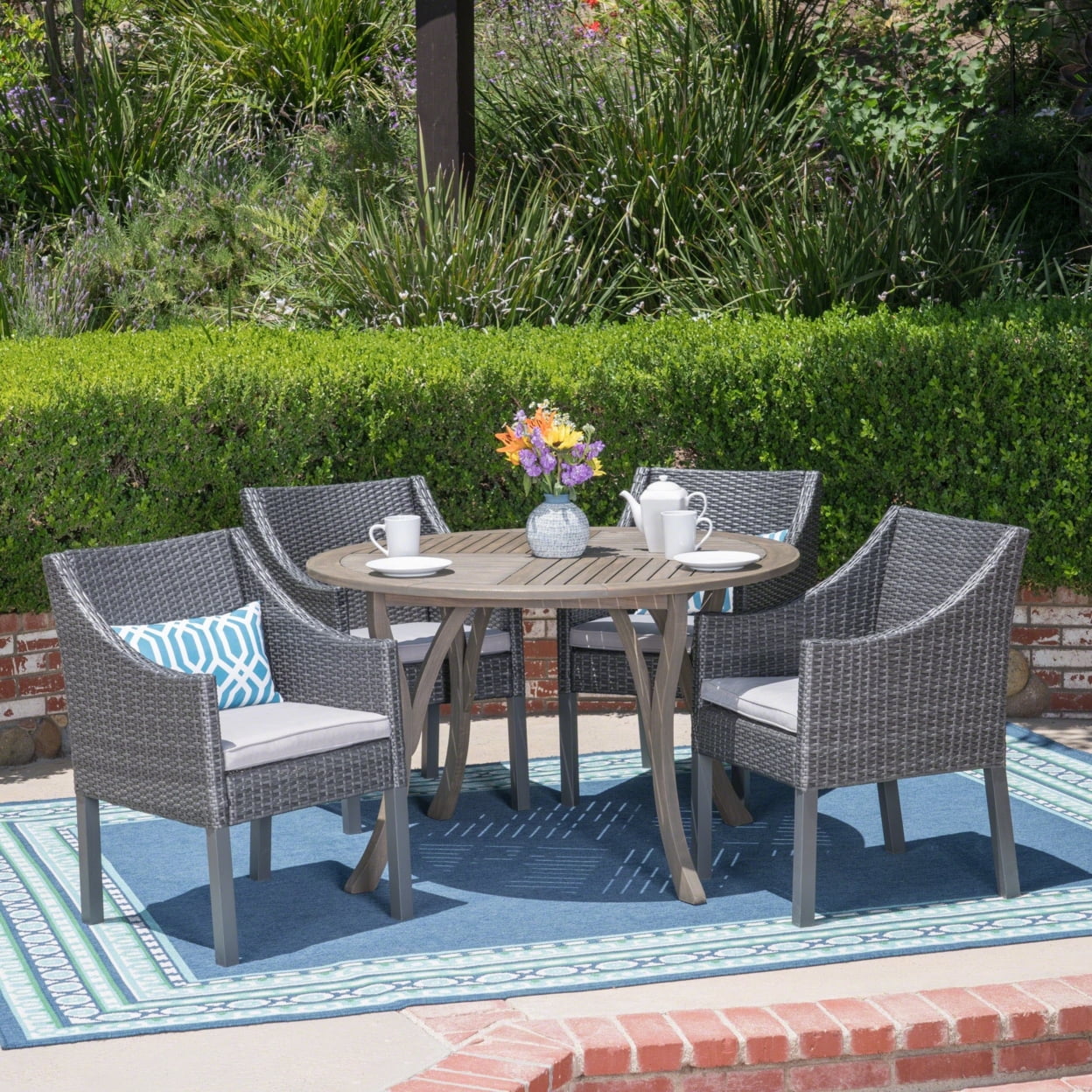 Baldwin Outdoor Acacia Wood and Wicker 5 Piece Dining Set with Cushions, Gray and Light Gray